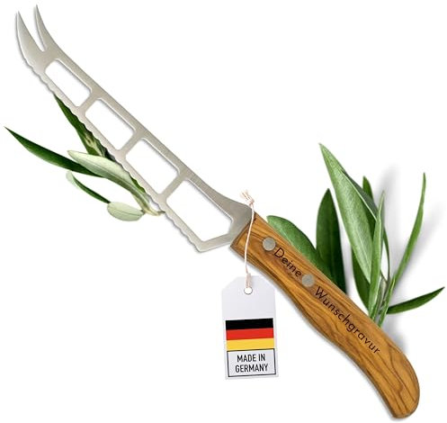 Käsemesser personalisiert, Olivenholz - Hochwertiges Solinger Käsemesser mit Wellenschliff als individuelles Geschenk