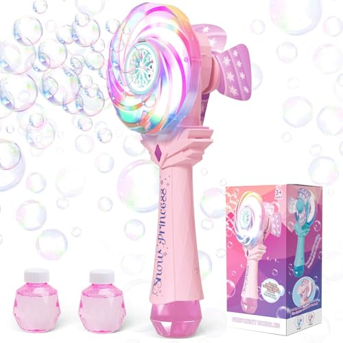 Britik Bubble Wands for Kids Age 4-8: Windmill Light Up Automatic Bubble Machine Rechargeable With 2 Bubble Solution Outdoor Party Birthday Toys for Toddlers, Gift for 3 4 5 6 7 8 Year Old Girls, Pink