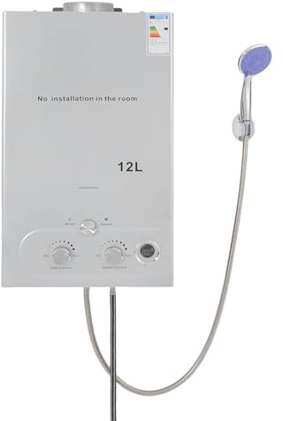 Genomströmningsvärmare gas 8 L/12 L/16 L, 16 KW/24 KW/36 KW LPG varmvattenberedare, varmvattenberedare med digital display och duschset, för campingresor, husbåtar och husbilar (12 l)