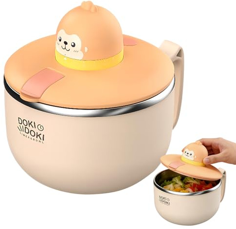 PORFOYO Ramen - Cuenco con tapa para fideos instantáneos con temporizador, 304 cuencos instantáneos de acero inoxidable de 1200 ml, para pasta, bento, sopa, almuerzo (mono)