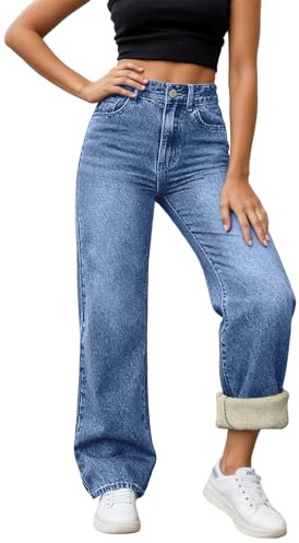 Generico Jeans Donna Larghi Vita Alta in Pile Jeans Felpati Donna Fodera Interna Morbida con Tasche Comodi Jean Termici Invernali Jean Baggy Wide Leg Fit Pantaloni Diritti e Streetwear