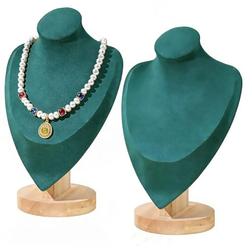 Jinavoty 2 soportes de exhibición de collar de terciopelo para joyas, busto con base de madera, collar y busto para la venta para vendedores Home Trade Organizer (verde oscuro, mediano)