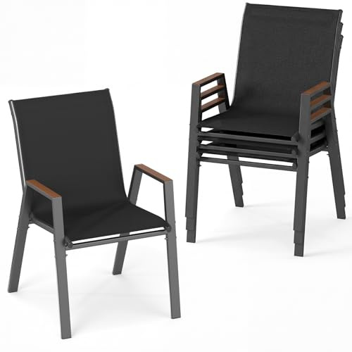COSTWAY Set di 2/4 Sedie da Giardino, Poltrone in Tessuto Textilene per Esterno, Sedie Impilabili con Gambe in Metallo, Portata 180 kg, 56 x 66 x 88 cm (Nero,4)