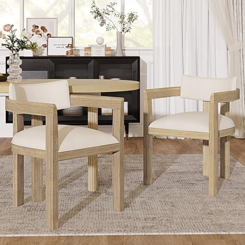 ModernLuxe Solid Wood Dining Chairs,Linen Upholstered Kitchen Chairs with Armrests, Natural Finish, for Dining Room, Living Room, Cafe & Restaurant,Set of 2