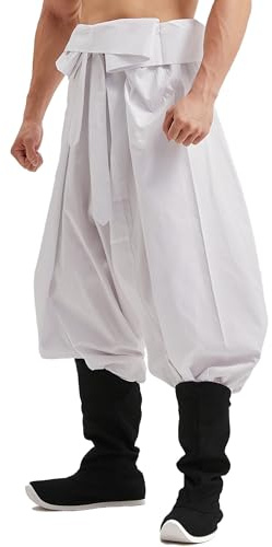 Men's Loose Kung Fu Pants Wide-Leg Martial Arts Trousers Lace-up Waist Hakama Silhouette Pants White