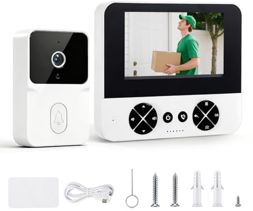 VeftBltrem Timbre inalámbrico con cámara, 1080P 4.3 Timbre de vídeo inalámbrico exterior, IP65 exterior impermeable, visión nocturna, audio bidireccional, visión nocturna, sin APP, sin WiFi