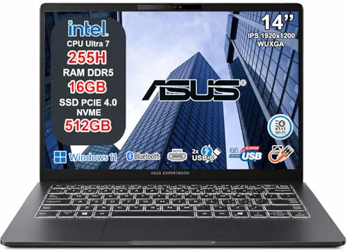 ASUS ExpertBook B3 Notebook Professionale Intel Core Ultra 7 255H, 16GB RAM DDR5, 512GB SSD NVMe, 14 WUXGA 1920x1200, Windows 11 Pro, Wi-Fi 6E, Tastiera Retroilluminata, Fingerprint, Garanzia 2 Anni