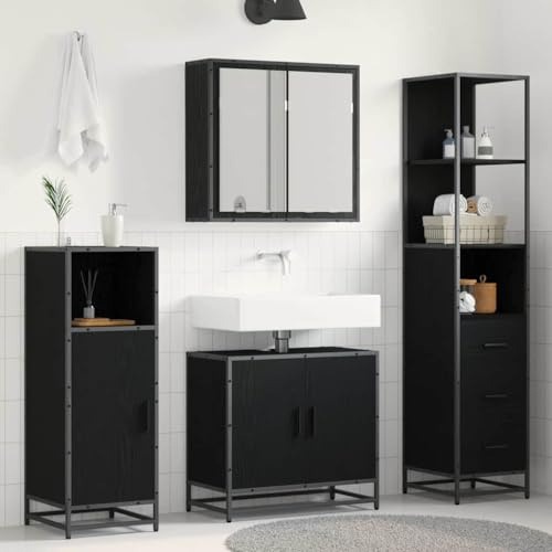 Traylux Badrumsmöbelset 3 delar, svart ekutseende, trämaterial med förvaringsutrymme, väggmontering, spegelskåp, tvättställsunderskåp, badrumsskåp, hållbart, modern design, enkelt underhåll