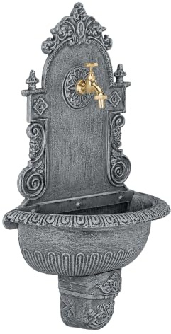 Relaxdays XL väggfontän i antik stil, med kran, nostalgisk, grå | Handfat för trädgården, gjuten aluminium, HBT 75 x 44 x 22 cm