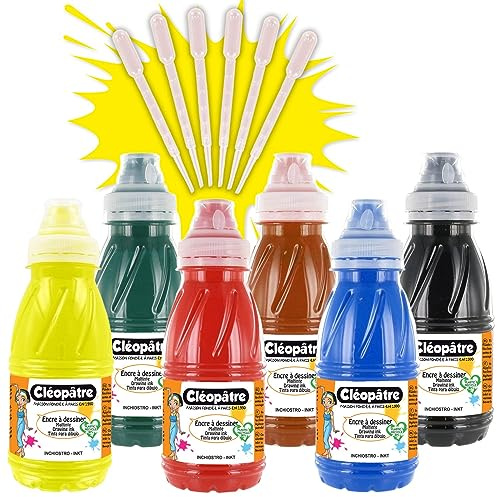 CLEOPATRE – Lot de 6 Flacons d’Encre à Dessiner 250ml – Encre Colorée à Base d’Eau – Tous Support - Loisirs Créatifs Enfants et Adultes