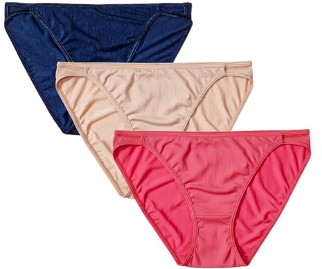 Vanity Fair Women's Illumination String Bikini Panties, Nylon Underwear, 3 Pack, Polished Pink/Navy/Rose Beige, Size 6