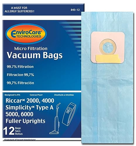 EnviroCare Replacement Micro Filtration Vacuum Cleaner Dust Bags made to fit Riccar 2000, 4000 and Vibrance Series. Simplicity 5000, 6000 and Symmetry Type A 12 pack
