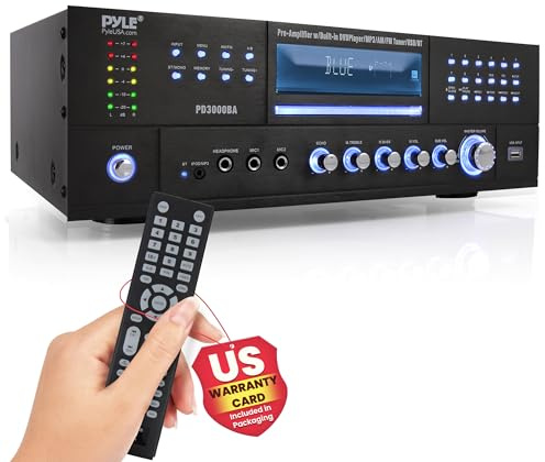 Pyle 4 Channel Bluetooth Home Amplifier - Front Loading DVD/CD Player - 3000W Peak Stereo Receiver - 2 Mic Inputs w/ Echo, FM Radio,Optical In,USB,RCA,Composite, LED Level Meter, Rack Mount - PD3000BA