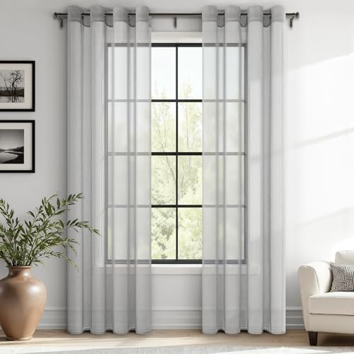 MRTREES Cortina para Ventana Dormitorio Translúcidas Visillos Paneles para Ventanas Sala para Niños Sala Comedor 2 Piezas 140×260cm Gris