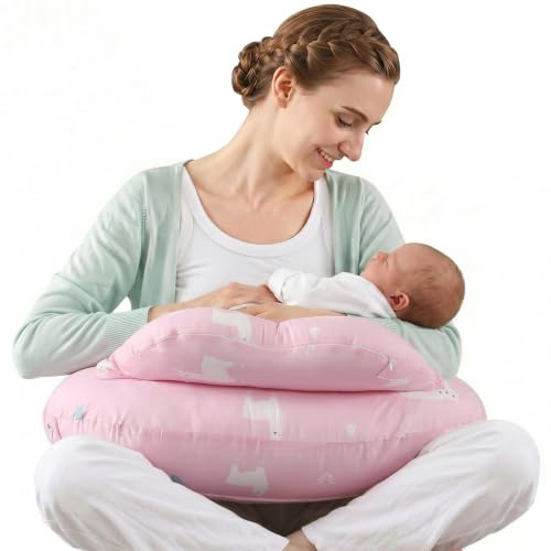 SHANNA Cojin Lactancia Bebe y Almohada Embarazada Dormir XXL Multifuncion Funda Cojin 100% Algodon Incluye Funda Extraíble y Lavable y Soporte de Correa de Cintura Ajustable (Oso Rosa)