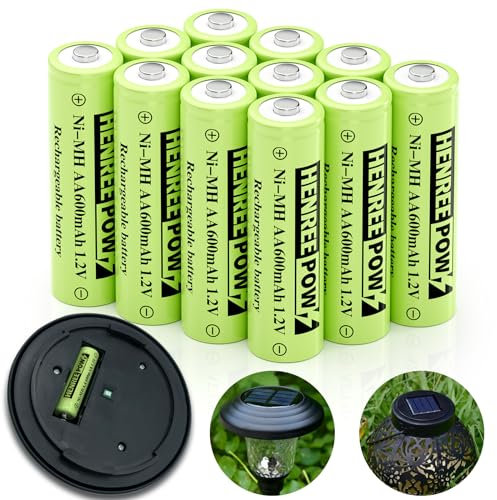 Henreepow 12-Pack Rechargeable AA Solar Batteries Ni-Mh 1.2v 600mAh Pre-Charged Double A Battery for Outdoor Solar Garden Landscape Lights