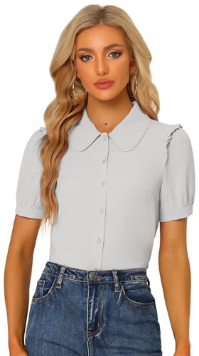 Allegra K Camicia da donna con colletto alla Peter Pan, a maniche corte, con bottoni sul davanti, Grigio chiaro, M