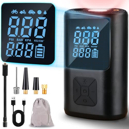 Compresseur à Air, 6000mAh Gonfleur Pneus Voiture Portatif 150PSI Pompe a Velo Electrique Mini Pompe à Air Sans Fil pour Vélo, Moto, Scoote, Balle
