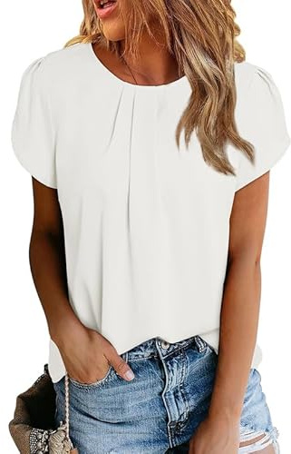 Dokotoo Camisa Mujer Verano Elegantes Blusas Manga Corta Cuello Redondo Camisetas Gasa Sólido Suelta Ropa, Blanco, 2XL