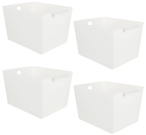 ASelected 4Pcs Plastic Storage Boxes With Handle White Box 26X19X15Cm Cupboard Storage Boxes Plastic Storage Basket Kitchen Cupboard Home And Office,White, Large