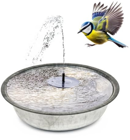Solarbrunnen Set für draußen 40 cm Zink Schale - Dekoschale und Schwimmende Solar Springbrunnen Fontäne als Outdoor Wasserspiel - Außen Gartenbrunnen als Balkon Vogeltränke, Garten Vogelbad
