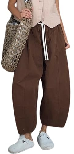 Xiaoxuemeng Wide Leg Pants for Women Cotton Casual Barrel Pants High Waisted Palazzo Harem Pants with Pockets(Brown-S)