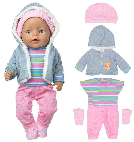 Kisvic Puppenkleidung für Baby Puppen, Baby Kleidung 36cm-43cm mit Mantel Bluse Hosen Hut und Socken, Geschenke für Mädchen