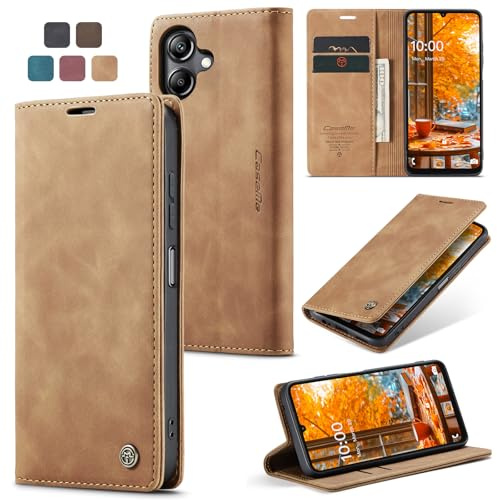 owlhold fodral Samsung A06 vikbart fodral premium läderfodral mjukt vintage nubuckläder vikbart stativ skyddande fodral kortfack stativfunktion stötsäkert mobiltelefonfodral Samsung Galaxy A06 brun