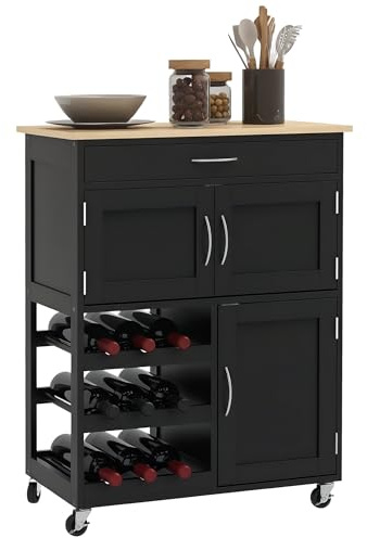 HOMCOM Küchenwagen mit Flaschenhalter, 3 Türen, 4 Rädern und Schublade, platzsparender Küchenschrank für Mikrowelle und Gewürze aus Holz, 67x37x87 cm, Schwarz und Eiche