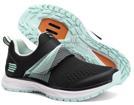 Pairobin Cycling Shoes Women's Indoor Cycling Shoes - Outdoor Cycling Shoes Comfortable and Breathable - Compatible with SPD Cleats, Black-green, 6 UK
