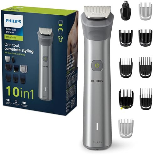 Philips Multigroom 5000 Series, All-in-One Shaver, Beard Trimmer and Hair Clipper, 10-Piece Men's Grooming Kit for Head, Beard, Face, Body, Nose, and Ears, 11 Length Settings, Model MG5917/15
