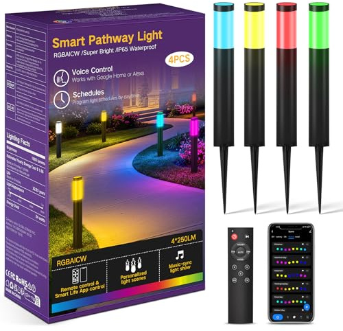 OUTON 4x Balizas Exterior Jardín, Farolas Inteligentes RGBAICW LED para Exterior Jardín con Estaca, Resistente al Agua IP65, Control Remoto y App, Funciona con Alexa, Google Assistant, 50 cm