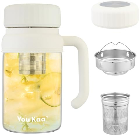 wangsdjy 32oz Glass Water Bottle, Tea Bottle with Infuser & Handle, BPA-Free Leakproof Wide Mouth Large Tea Infuser cup for Hot or Cold Drinks, Loose, Fruit (White)