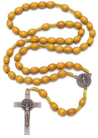 KMIMO Chapelet catholique en bois fait à la main en bois - Médaille de prière chrétienne et croix en métal pour cadeau catholique ou chrétien
