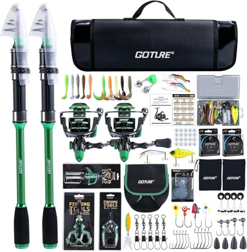 Goture Set di Pesca Completo (24T Carbon), 2 Canne Telescopiche da Surfcasting in Fibra di Carbonio & Mulinello con 9+1 Cuscinetti a Sfera, incl. Attrezzatura da Pesca, Borsa per Mulinello - Pesca