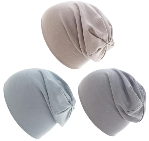 Mayoii 3 Pack Kids Beanie Hats – Soft Cotton Double-Layer Beanies for Boys & Girls, Lightweight Kids Winter Hat with Slouch (UK, Alpha, One Size, Milk Tea Color + Blue Gray + Iron Gray)