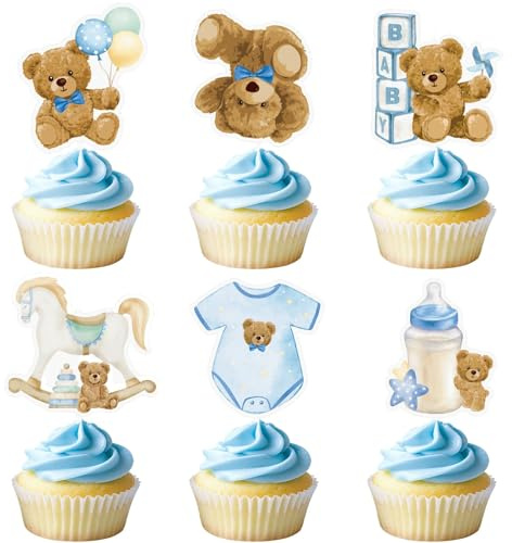 36Pcs Cupcake Toppers Ourson Bleu – Décoration Gâteau Baby Shower Garçon, Cake Topper pour Baptême, Fête d’Anniversaire Bébé, Décoration Baby Shower Thème Ourson, Accessoires de Fête pour Cupcakes
