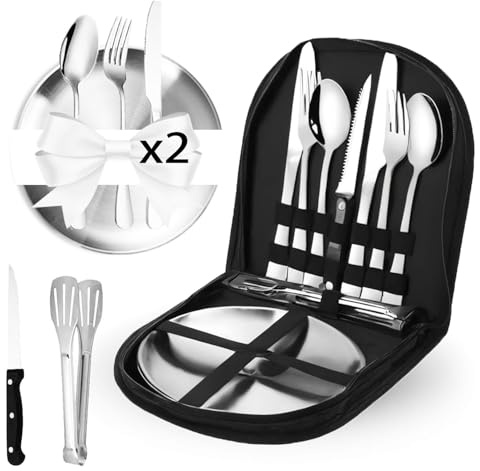 Stoviglie da Campeggio 2 Persone,12 Piatti Campeggio Acciaio Inox, set piatti e posate campeggio con Cucchiaio Forchetta Coltello Piastra Clip,per Picnic,Viaggi