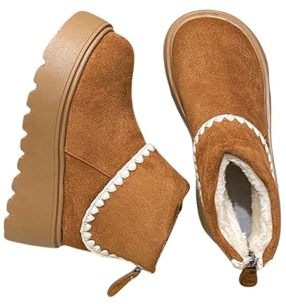 Generisch Botines de plataforma retro con tacón de bloque forrado, antideslizantes, zapatos de moda al aire libre para clima frío, café, 36 EU