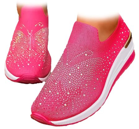 Kvinnors andningsbara nät strass sneakers casual slip-on bling tennisskor glittrande bågstöd uppklädd kil sneaker, Rosa, 37 EU