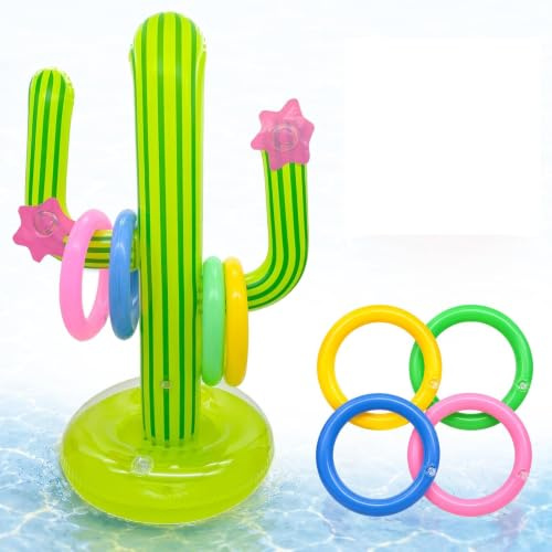 QingWing 11 Pieces Pool Spel, Uppblåsbar Kaktus Kastande Spel 8 Färgglada Uppblåsbara Ring 2 Strandboll, Strandspel Hawaiian Strandleksak