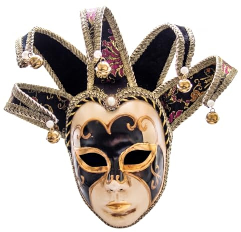 Joygoodta Jester-mask, venetiansk mask för hela ansiktet, maskerad för män med guldmönster och klockor – röd