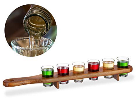Relaxdays Schnapsbrett Holz, 6 Schnapsgläser, 4 cl, praktische Schnapslatte, halber Meter, tolle Geschenkidee, Shotbrett, braun, 1 Stück, 7-teiliges Set