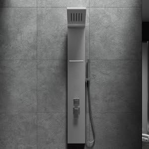 Colonna doccia pannello idromassaggio effetto cascata, soffione, doccetta design (ACCIAIO)