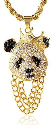 HALUKAKAH Cadena de Oro Hombres Iced out,Chapado en Oro Real de 18k Corona Panda Colgante Collar,Cz Completo Diamante de Laboratorios Prong Set,con Cadena de Cuerda 60cm,Gratis Caja de Regalo