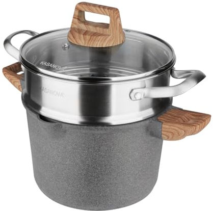 KASANOVA Pentola induzione 20 cm per tutti i piani cottura, con cestello vapore Eco Petra Wood, pentola a vapore (20 Cm)