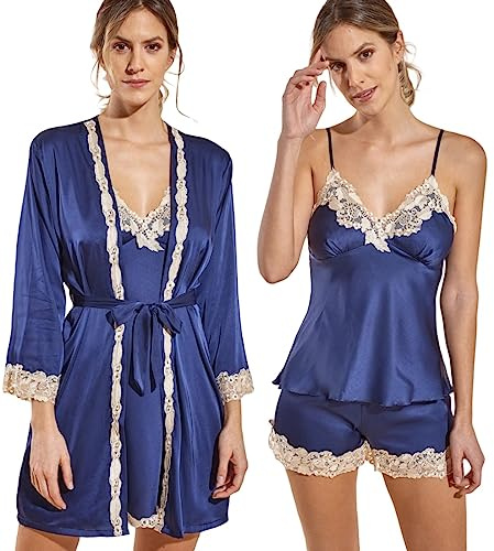 Laura in - Pijamas Mujer de Seda Satén Conjunto de 5 Piezas de Color Liso con Encaje Bordado Elegante Sexy y Suave.