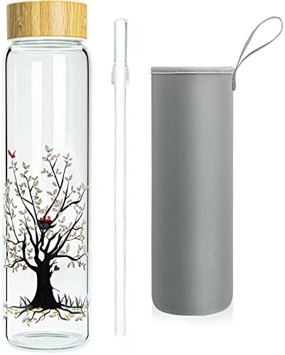 Ferexer 907.2 g Glas-Wasserflasche mit Strohhalm, Borosilikatglasflasche mit Bambusdeckel und Neoprenhülle (Baum)