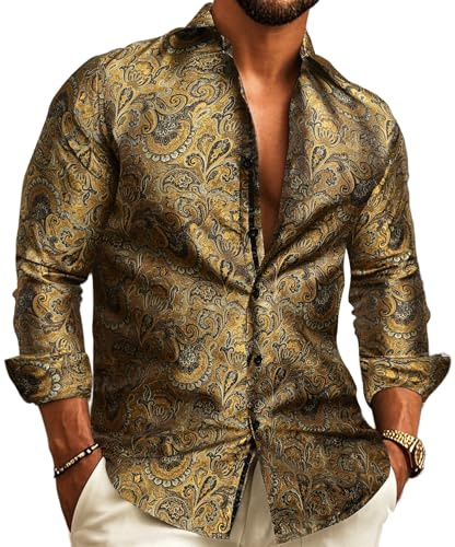 Barry.Wang Chemises de costume pour homme en soie à motif cachemire à manches longues boutonnées grandes et grandes pour la mode, les loisirs, les mariages, les fêtes et les bals de promo, XL