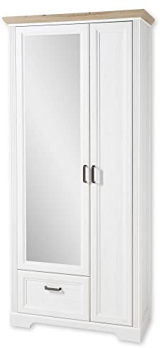 Stella Trading JASMIN Garderobenschrank mit Spiegel in Pinie hell, Artisan Eiche Optik - Landhausstil Flurgarderoben Schrank mit ausziehbarer Kleiderstange - 93 x 204 x 41 cm (B/H/T)